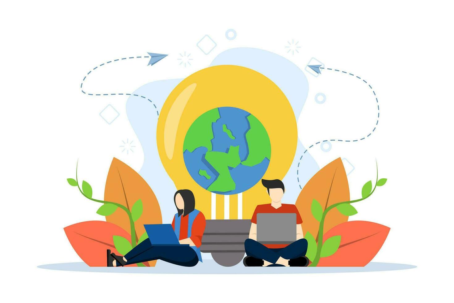 Little people prepare for Earth day, save energy, Earth hour, correspond with different countries, communicate via network vector, Vector flat illustration on a white background.