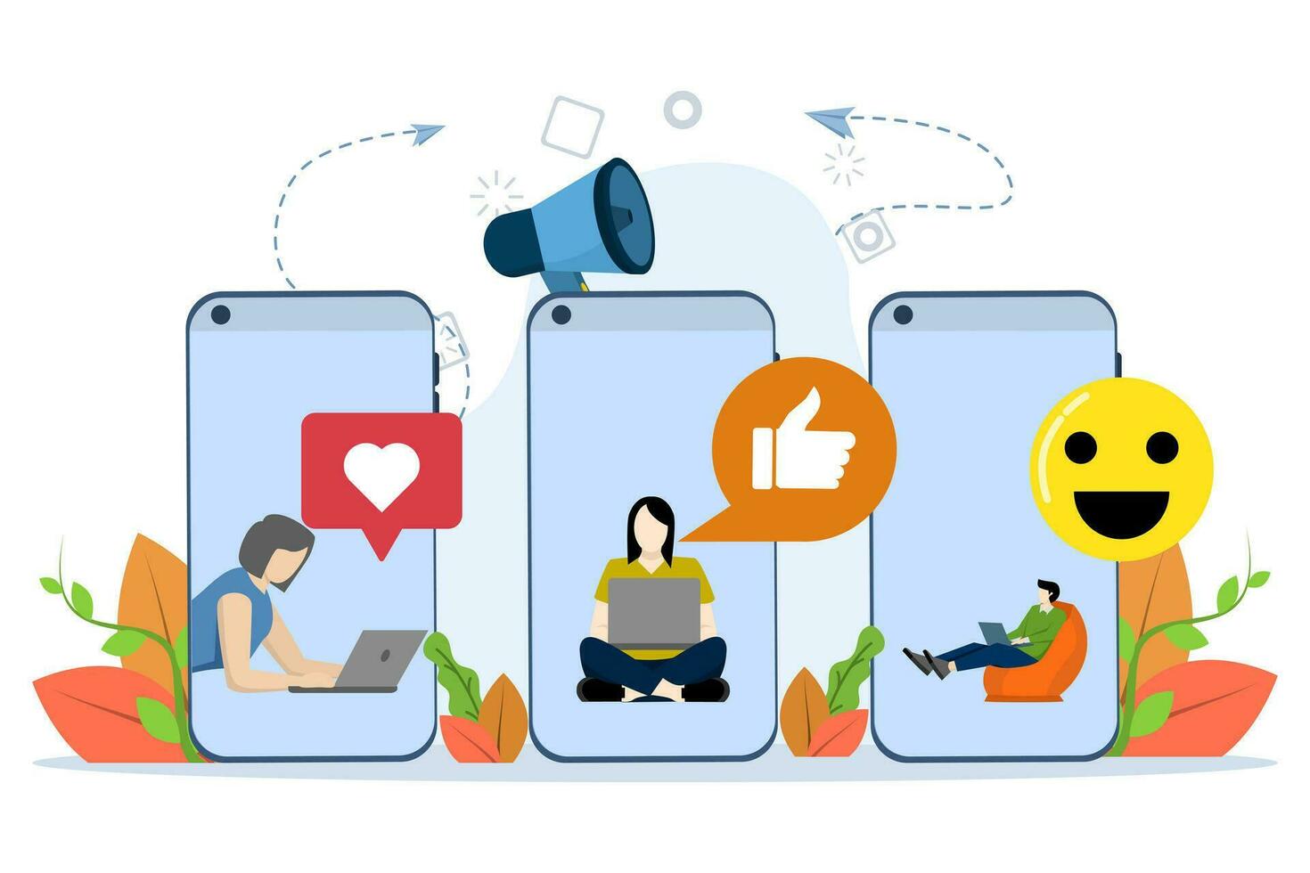 communication in online services. People communicate by phone messenger, laptop or computer and social network, communicate with colleagues or colleagues, Vector illustration concept