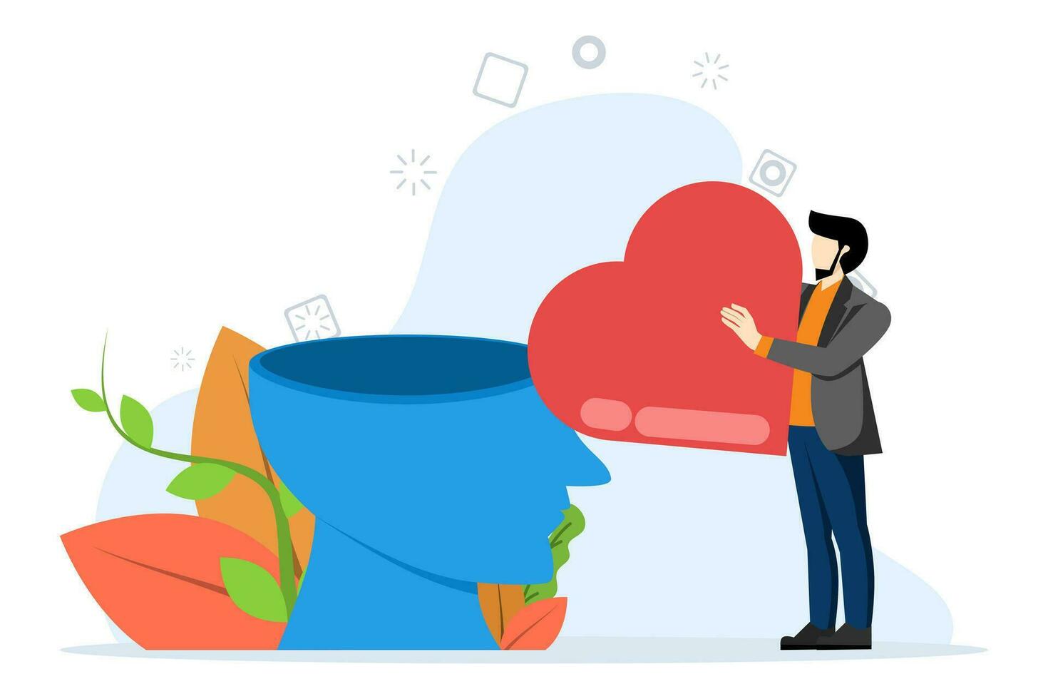 Organize your thoughts. think positive and optimistic. give positive thinking and love. drop love to open heads. calming the mind. Business Mindset. Flat character illustration. vector