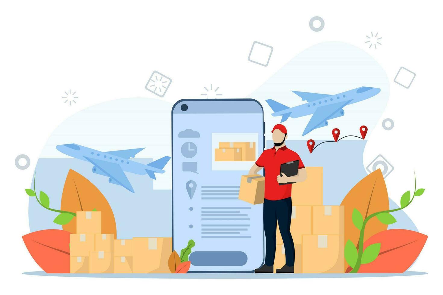 Air transportation that can be delivered anywhere. There is a system that allows customers to check product status. cross country delivery. flat vector illustration on a white background.
