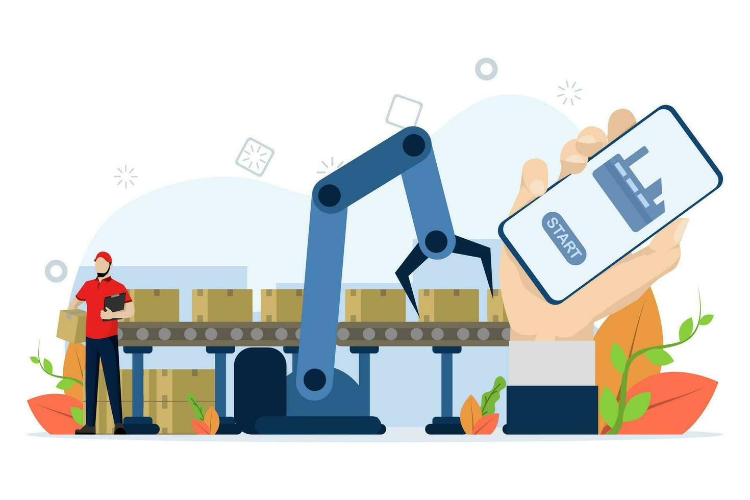 Mobile is connected to the industry. Industry 4.0 factory work robot arm. Intelligent industrial revolution. automatic production. industrial concept using robots. Futuristic technology in factory. vector