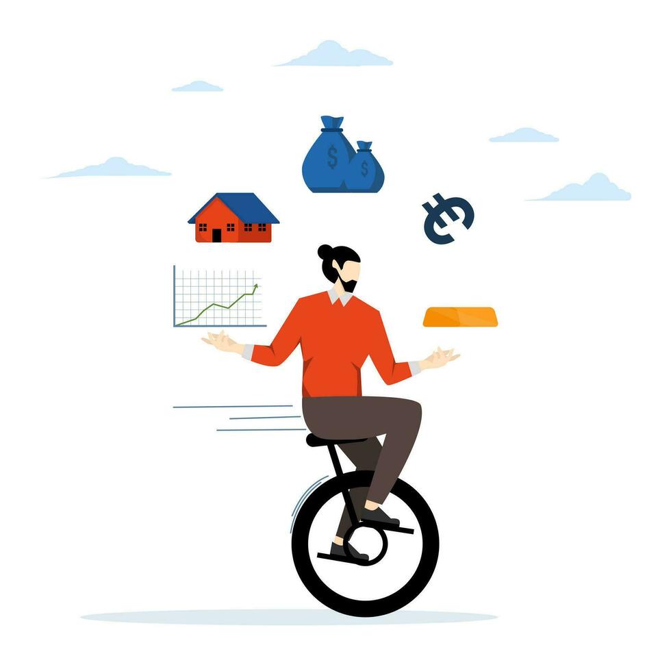 professional investment expertise concept, Financial adviser, smart entrepreneur investor juggling financial assets, real estate, currency, gold, savings and stock market charts riding a unicycle. vector