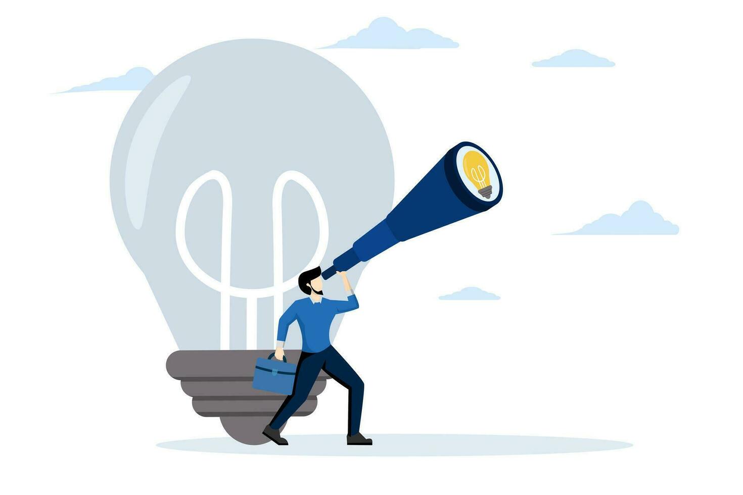 New opportunities, ideas or inspiration. Find new ideas in business. innovation or creativity. A businessman looks through a large pair of binoculars for a light bulb idea. flat vector illustration.