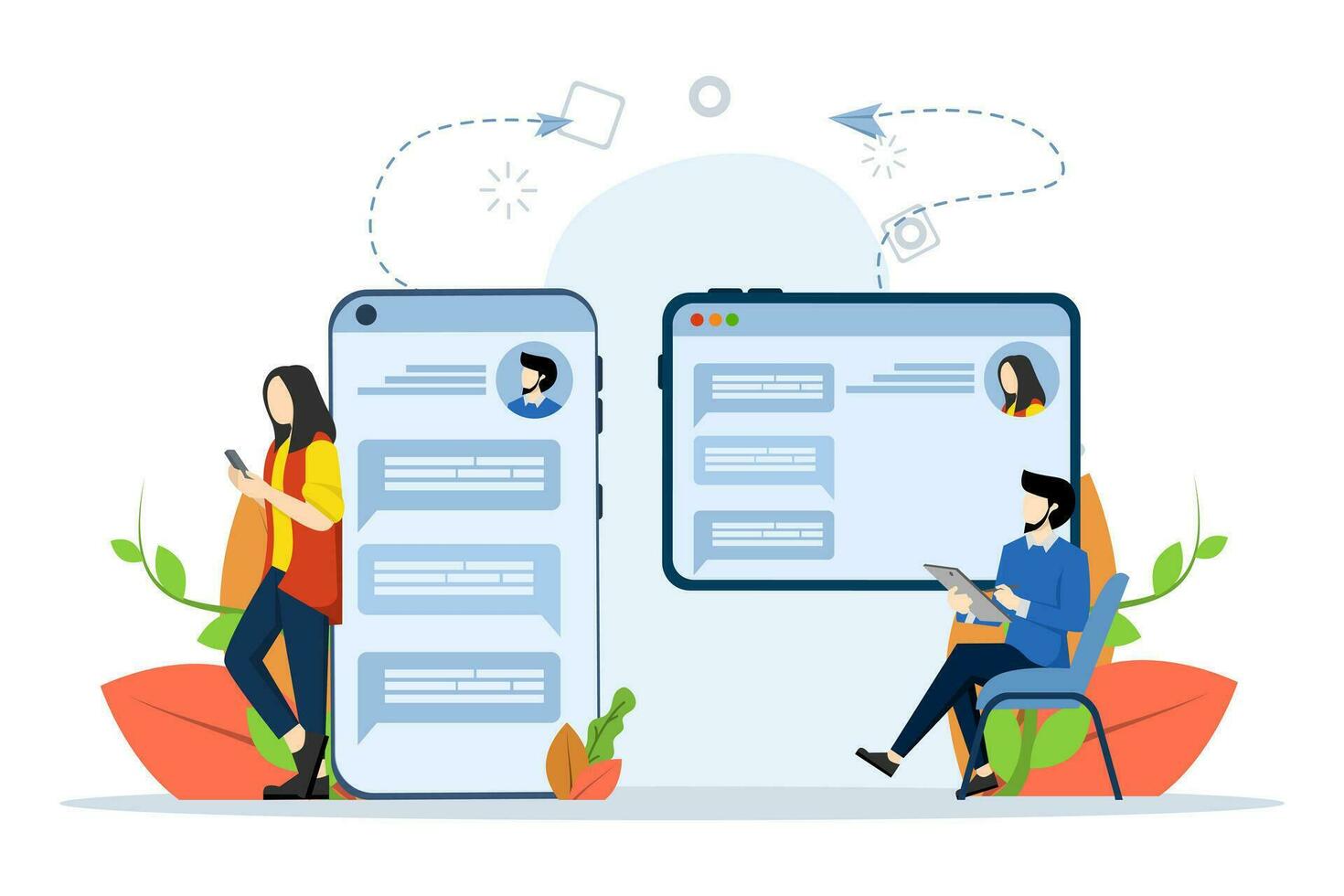 communication between friends or colleagues via Internet, social network, chat, video, news, message, website, find friends, mobile web vector graphics, Colorful flat vector illustration.
