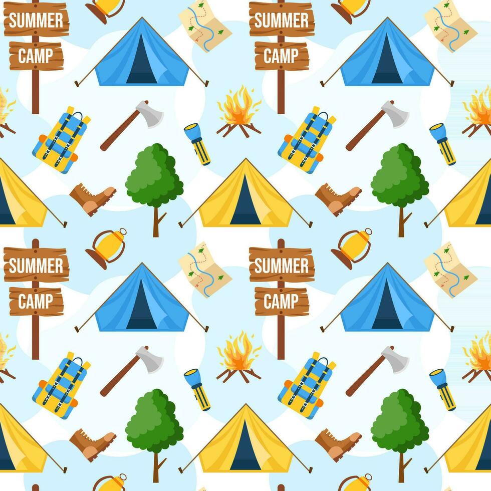 verano acampar sin costura modelo diseño de cámping y de viaje elemento en modelo mano dibujado dibujos animados plano ilustración vector