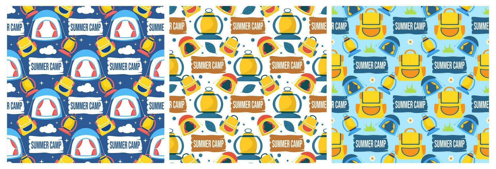 Set of Summer Camp Seamless Pattern Design of Camping and Traveling Element in Template Hand Drawn Cartoon Flat Illustration vector