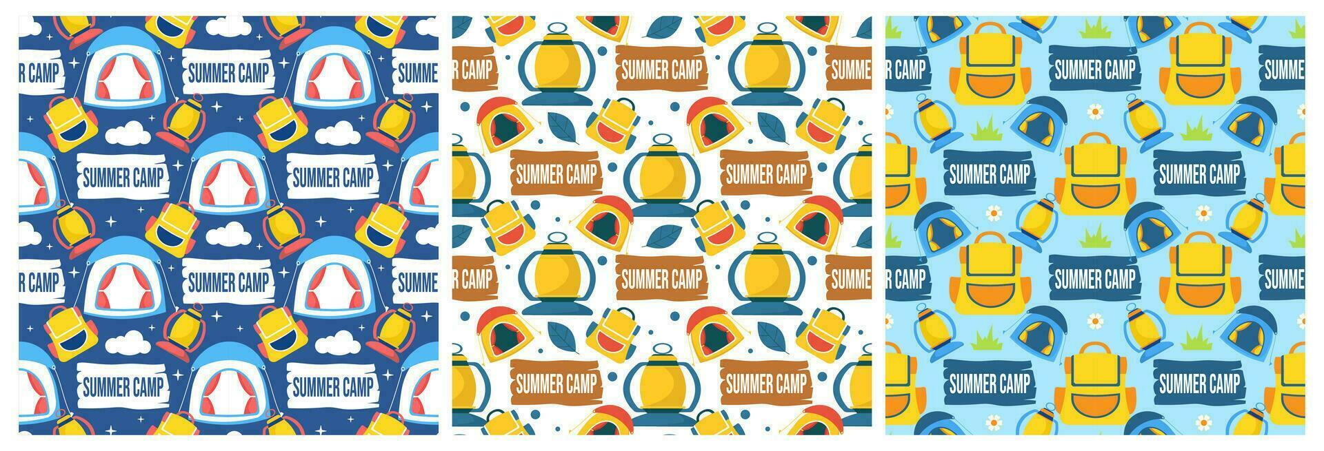 Set of Summer Camp Seamless Pattern Design of Camping and Traveling Element in Template Hand Drawn Cartoon Flat Illustration vector