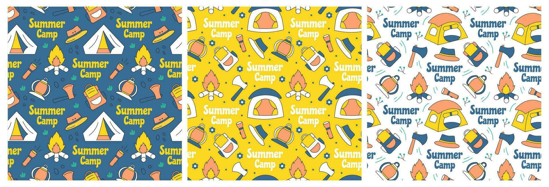 Set of Summer Camp Seamless Pattern Design of Camping and Traveling Element in Template Hand Drawn Cartoon Flat Illustration vector