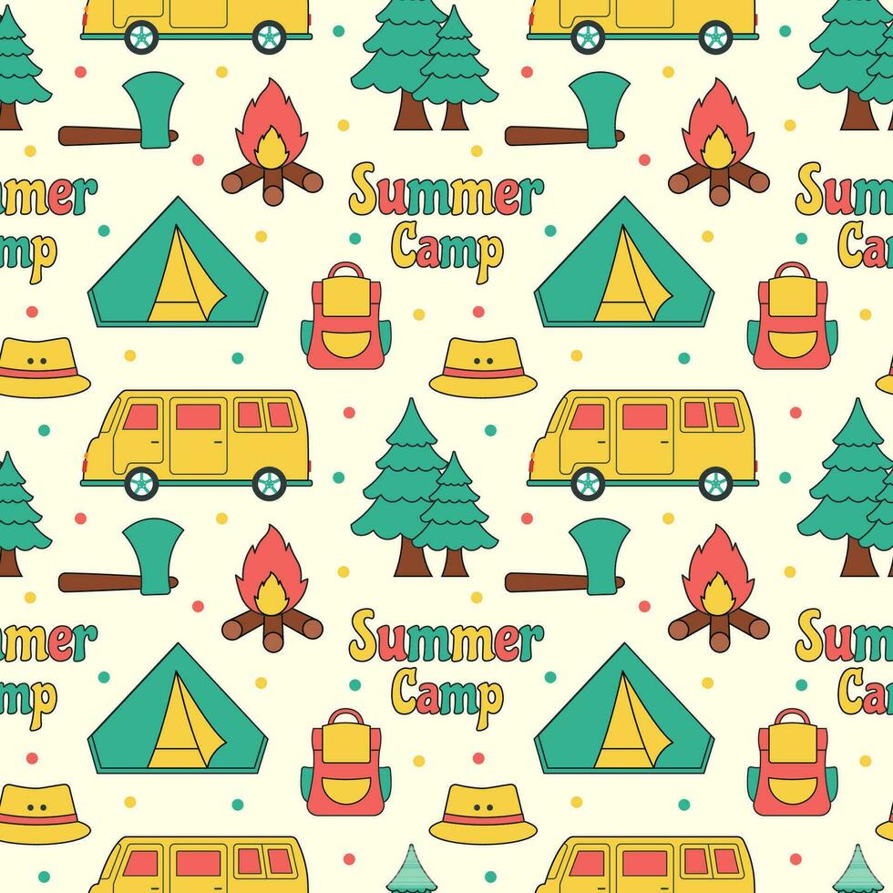 Summer Camp Seamless Pattern Design of Camping and Traveling Element in Template Hand Drawn Cartoon Flat Illustration vector