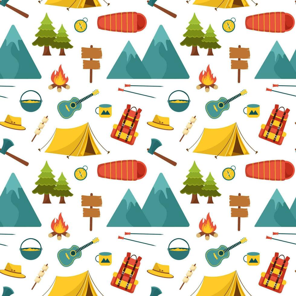 Summer Camp Seamless Pattern Design of Camping and Traveling Element in Template Hand Drawn Cartoon Flat Illustration vector