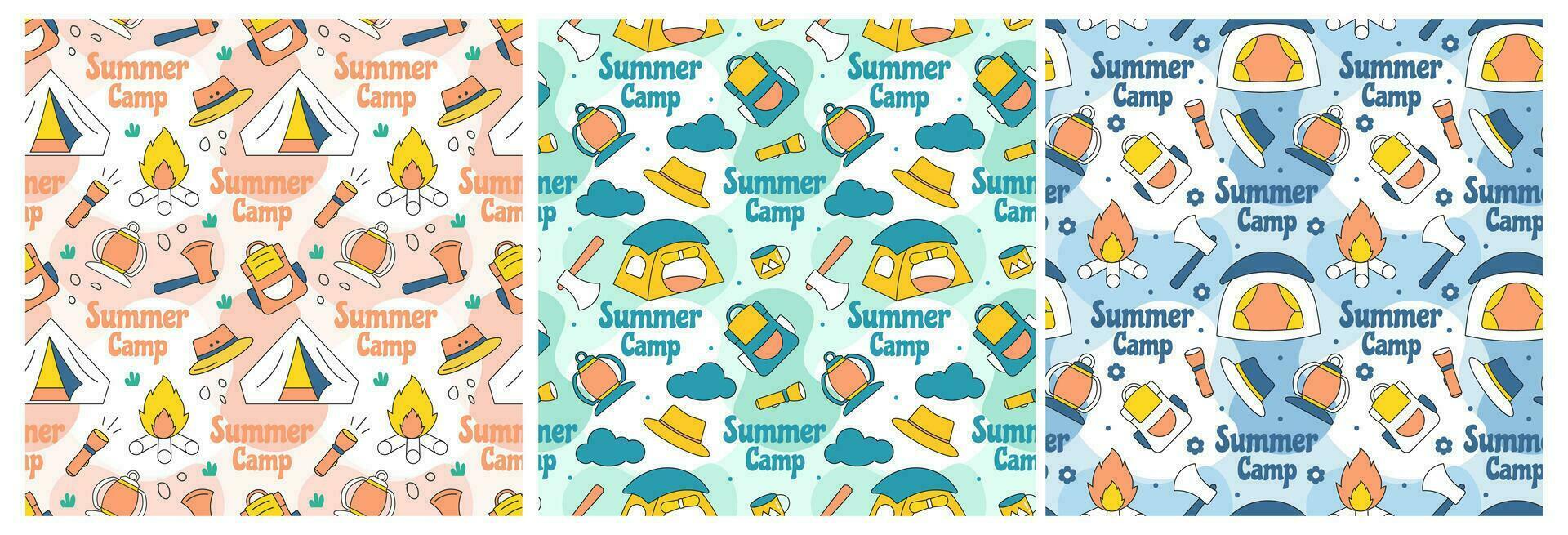 conjunto de verano acampar sin costura modelo diseño de cámping y de viaje elemento en modelo mano dibujado dibujos animados plano ilustración vector