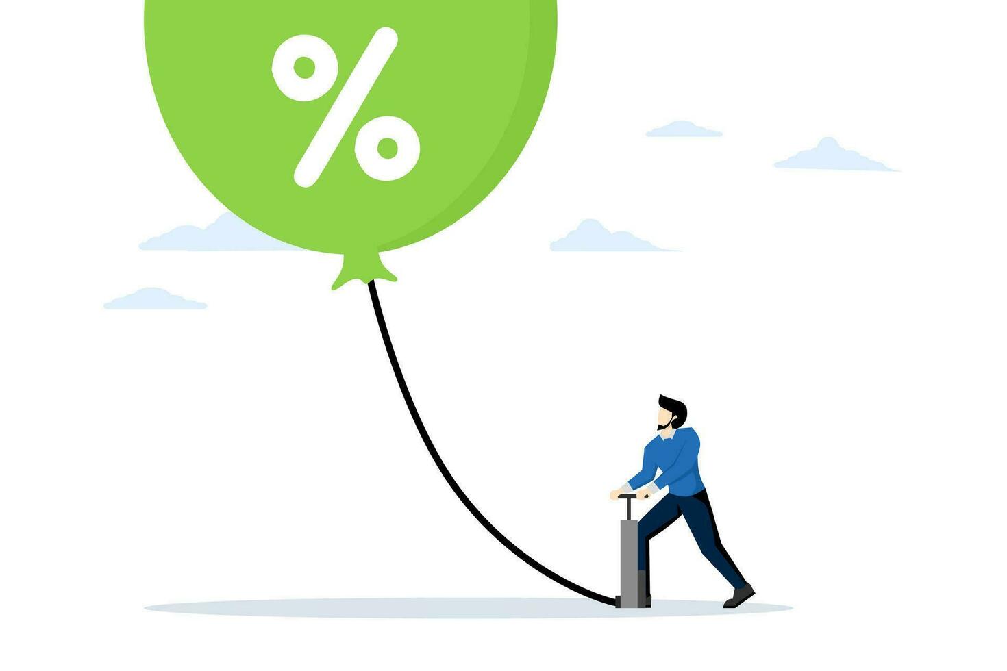 Inflation, financial crisis, financial bubble. Overvalued stock market or money inflation. global financial crisis. Businessman inflating percent sign balloon with tire pump. flat vector illustration.