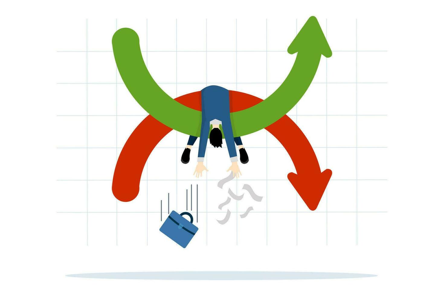 Economy, stagflation or recession-inflation is a situation where the inflation rate is high, the economic growth rate is slow. businessmen fall and stuck on growth charts. flat vector illustration.