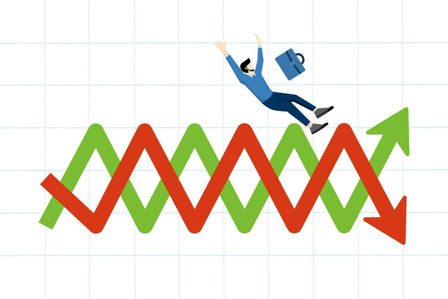 uncertainty or change in business and stock market due to crisis concept, financial investment volatility, businessman investors fall on uncertainty, profit graph arrows up and down. vector