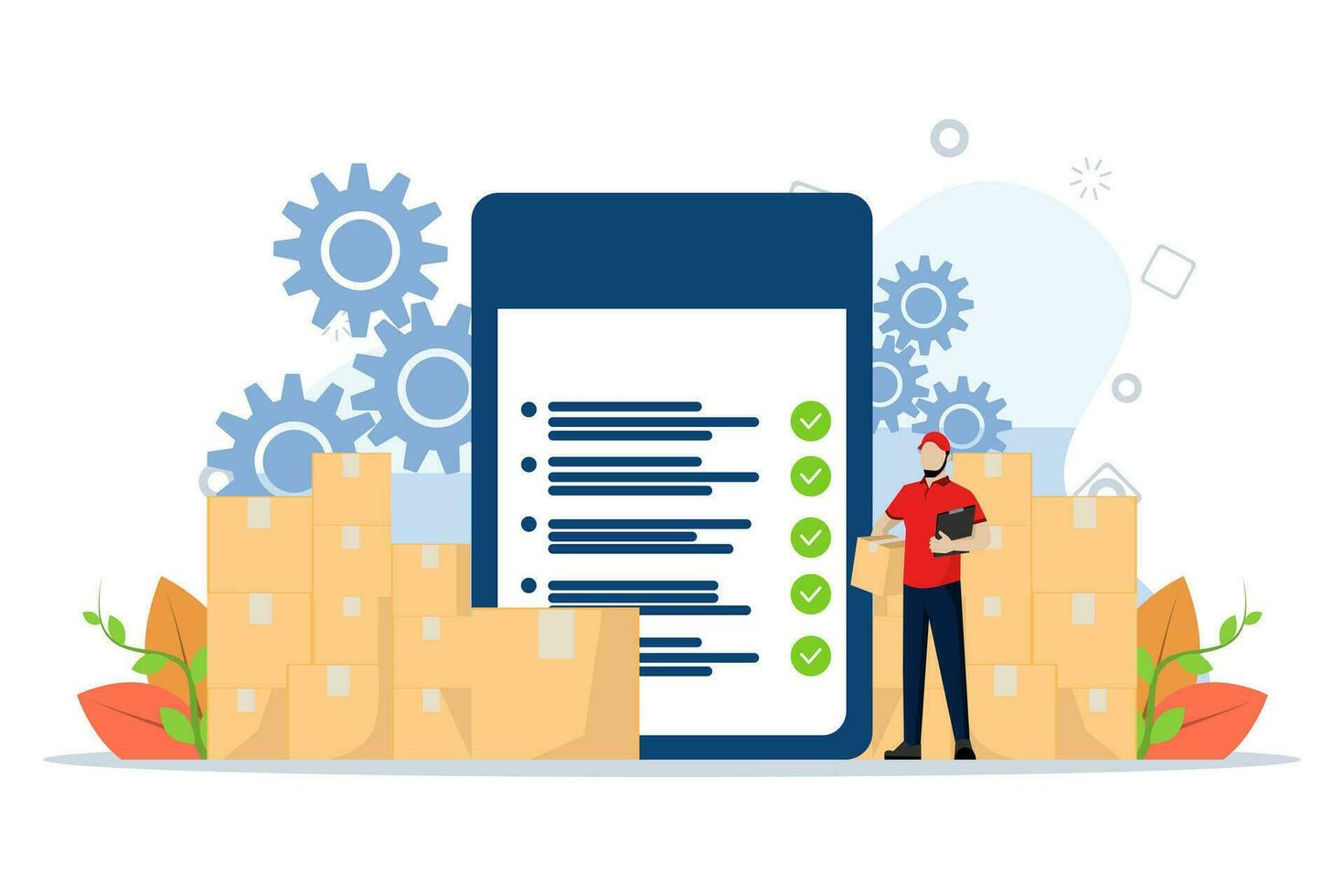 The warehouse manager maintains shipment records. Inventory accuracy. Control goods in and out of the warehouse. ensure goods quality control, Flat Vector Illustration on a white background.