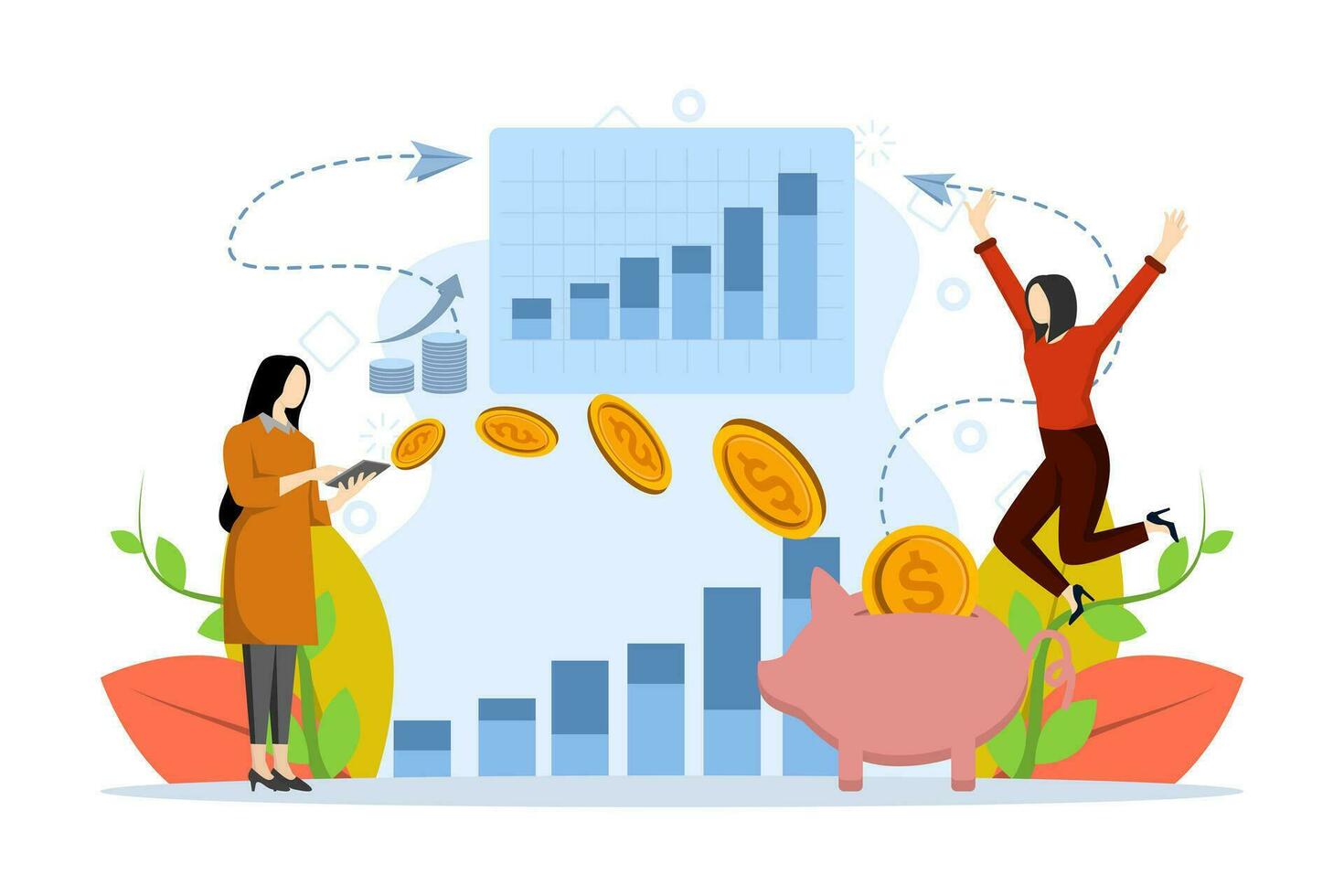 Businessman make money online, investment profit grow. Happy businessman profiting from stock trading. concept of saving money or investment. Vector illustration on a white background.
