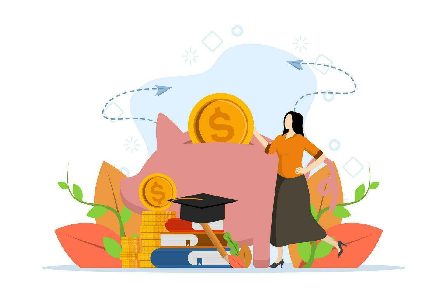 Time and business management. Study work, stock fund, self improvement. Investment in knowledge pays the best interest. Invest in yourself. businesswoman putting money in piggy bank. flat vector. vector