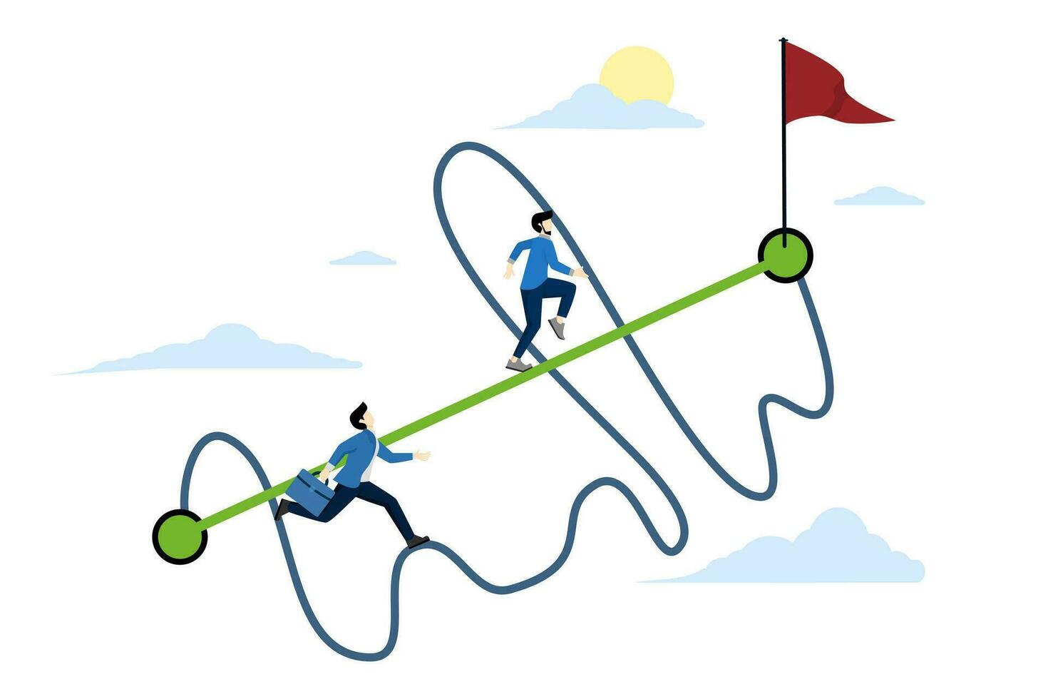 empresarios competir con inteligente personas caminando en Derecho rutas y otros en sucio carreteras. fácil formas o atajos a ganar negocio éxito o difícil carreteras y obstáculos concepto. vector. vector