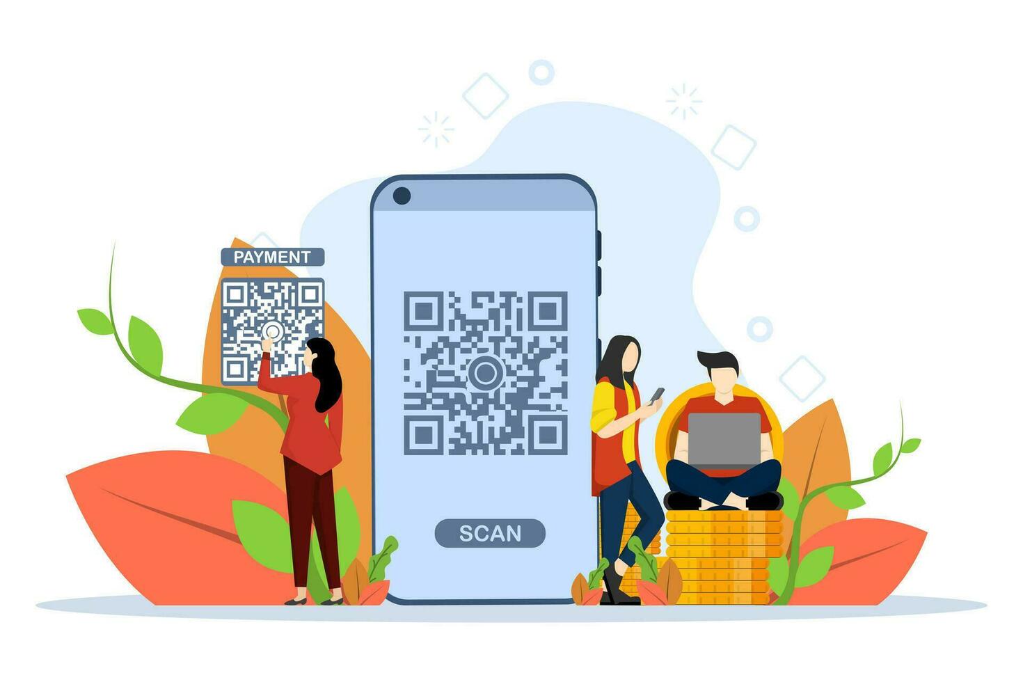 QR Code scanning concept, Showing people scan code using smartphone, payment using barcode, payment code. Perfect for landing pages, UI, web, app intro cards and more, Flat Vector Illustration.