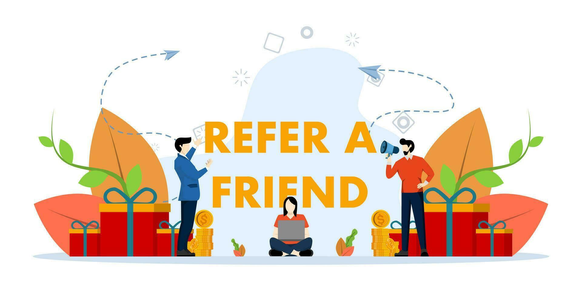 Refer a friend concept. Referral program vector illustration, man using megaphone with referring friend word, use for landing page, ui, web template, mobile app, poster, banner. vector illustration.