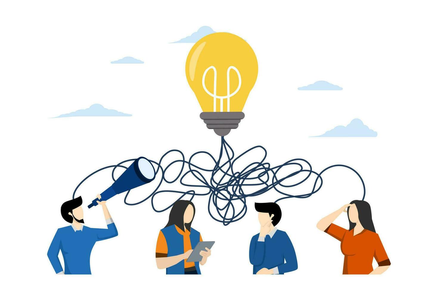 tangled tangle, brainstorming, beginning and end of thought, abstract metaphor, business problem solving concept, finding complex solution. complex problem solving. Flat vector illustration.