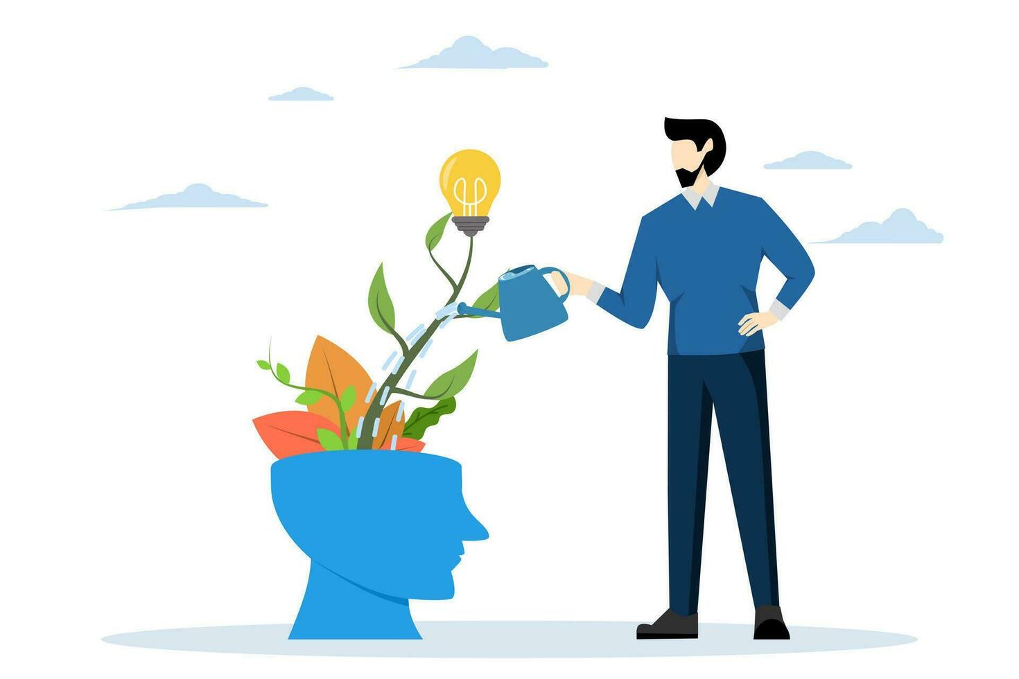 Organize your thoughts. Watering plants with a big head human mindset a growth mindset is different from a fixed mindset. dropping water on open head. Business Mindset. Flat character illustration vector