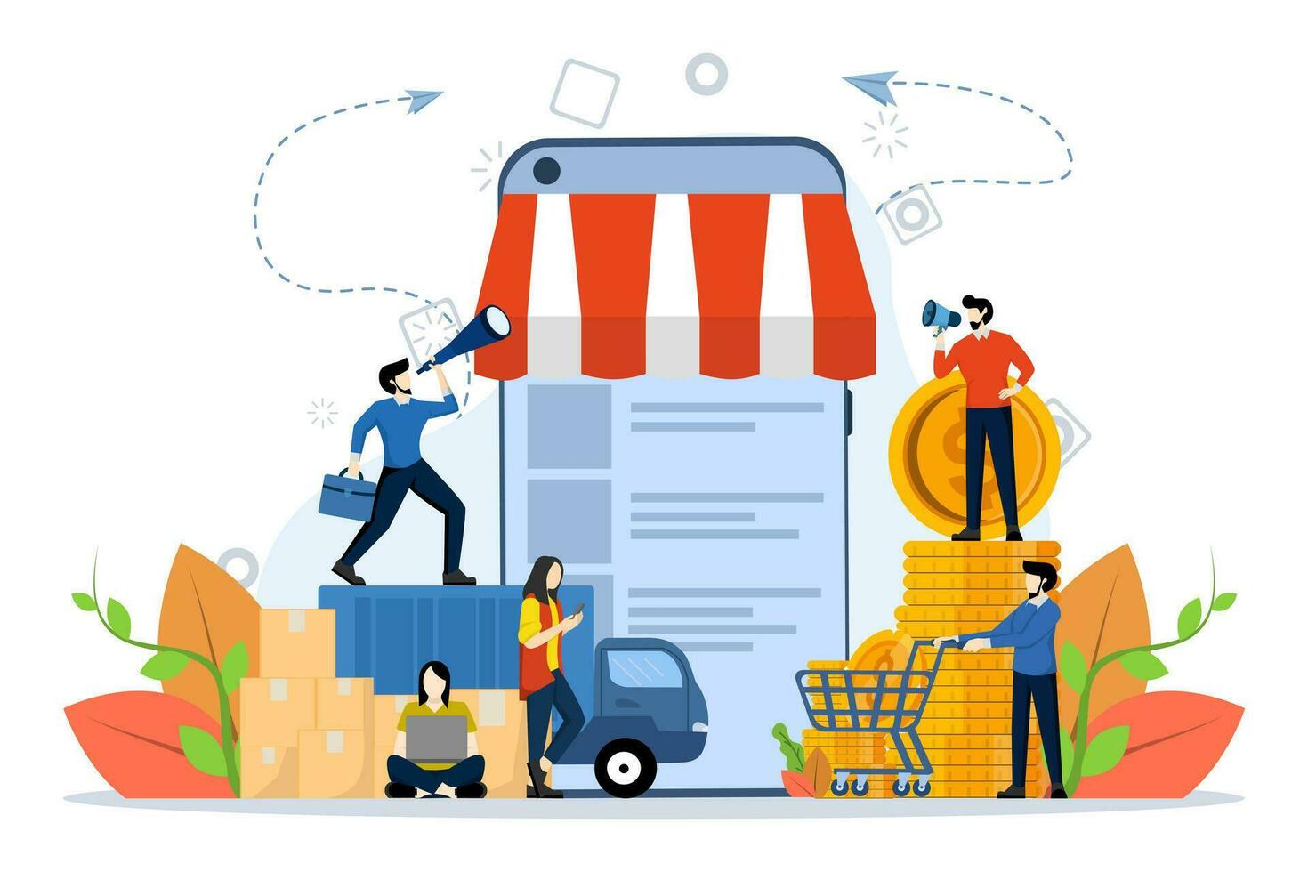 en línea compras, recepción cheques por teléfono, negocio concepto, en línea comercio, comprando y venta, entrega de bienes, promociones en en línea historias, aplicación publicidad, vector ilustración en plano estilo.