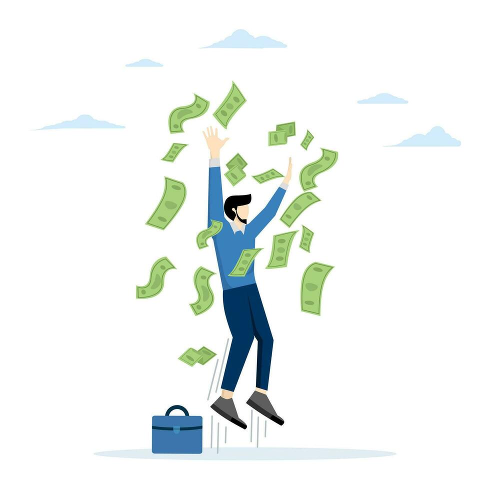 Successful businessman achieve financial freedom, income or salary increase or career opportunity, happy millionaire with lots of money and wealth, happy businessman jumping high with money rain. vector