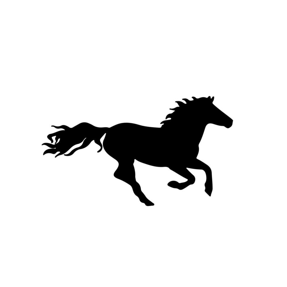 High speed horse's running. Farm domestic mammal animal. Black stallion silhouette. Vector illustration of mustang. Simple logo