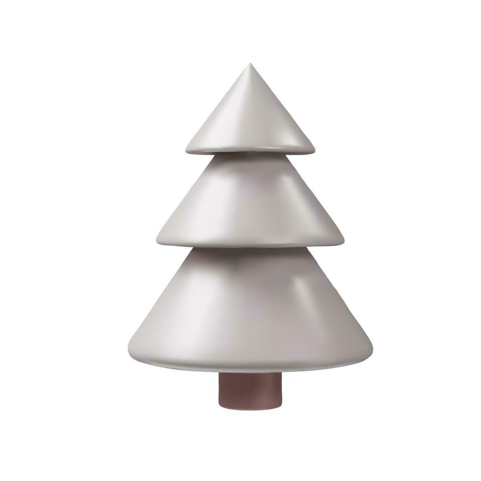 Silver Christmas tree. 3D render spruce is decoration element for winter or summer seasons. Metal realistic plant for park. Vector illustration like decoration symbol in clay, plastic style