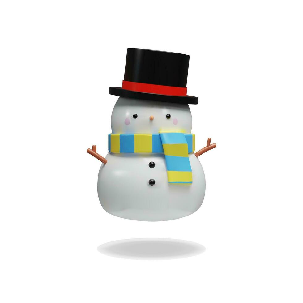 3d render snowman with hat and scarf. Vector illustration about Merry Christmas and Happy New Year. Cute winter character in realistic clay, plastic style. Symbol for sales, celebration, holidays