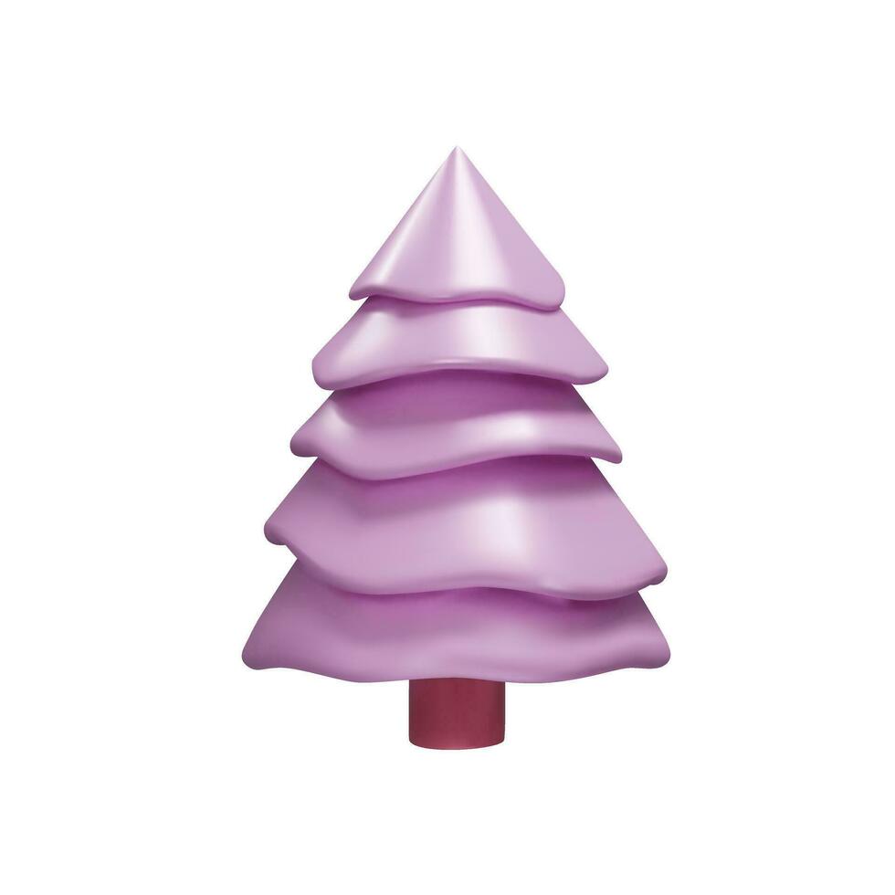 Pink gold Christmas tree in clay style. 3D render spruce is decoration element for winter or summer seasons. Metal plastic realistic plant for park. Vector illustration like decoration symbol.
