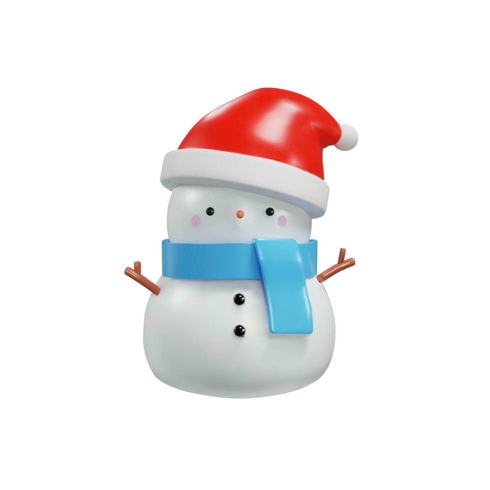3D render snowman in santa hat. Cartoon Christmas character in realistic clay, plastic style. Winter vector illustration for New Year, holidays, advertise, sales. Decor elements for celebration