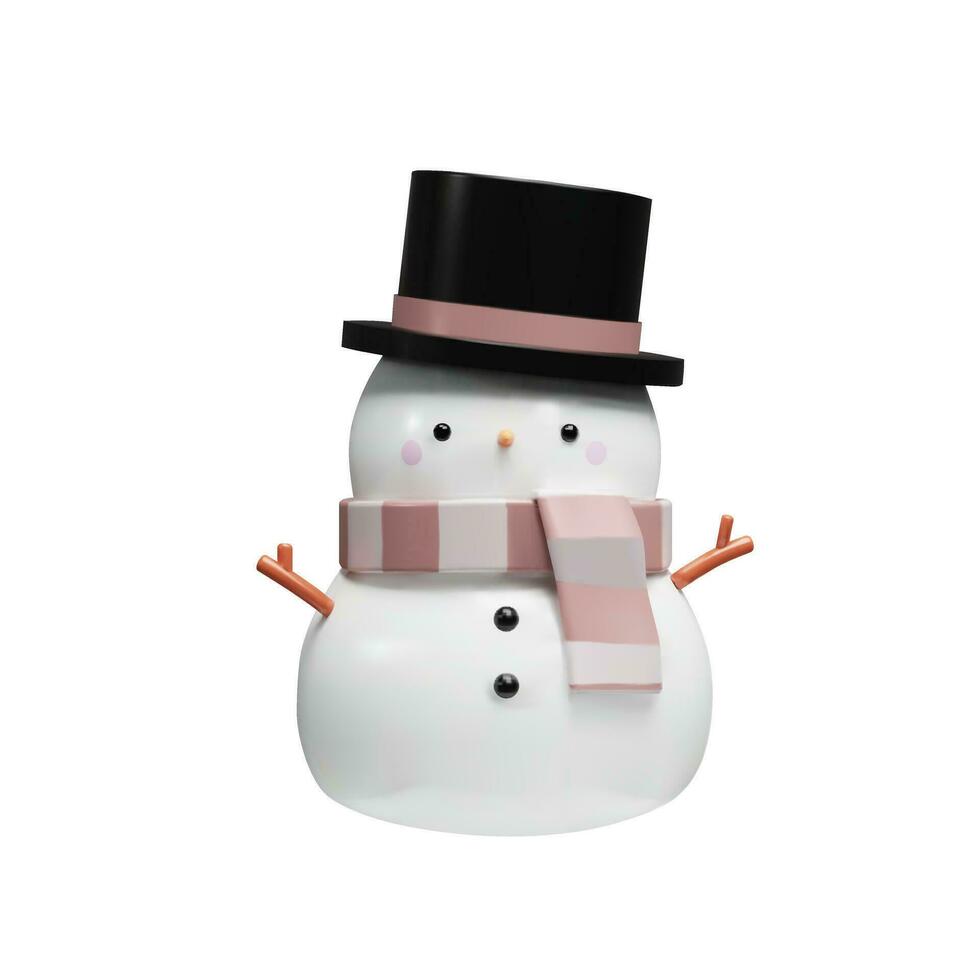 3d render snowman with pink gold Xmas hat. Vector illustration about Merry Christmas and Happy New Year. Cute winter character in realistic clay, plastic style. Symbol for sales, celebration, holidays