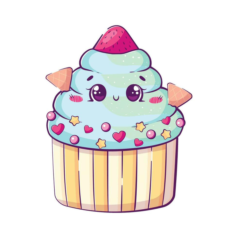 Kawaii cartoon doodle mint ice cream in a cup with strawberries and waffles. vector