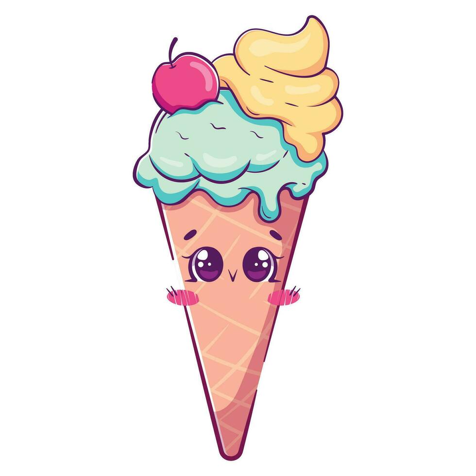 Kawaii cartoon doodle ice cream in waffle cone with cherry vector