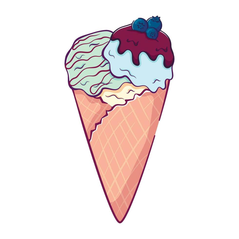 One doodle pastel mint blueberry ice cream in waffle cone vector