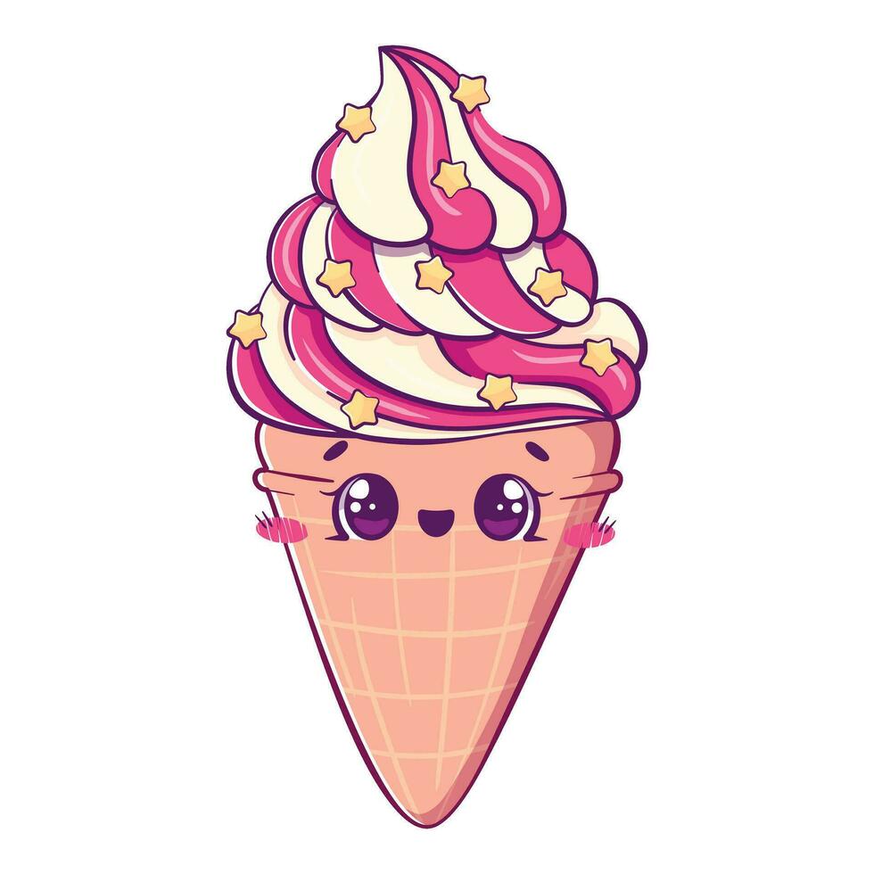 Kawaii cartoon doodle vanilla strawberry ice cream in waffle cone vector