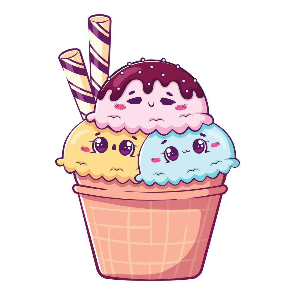 Kawaii cartoon doodle ice cream in a waffle cup with chocolate vector