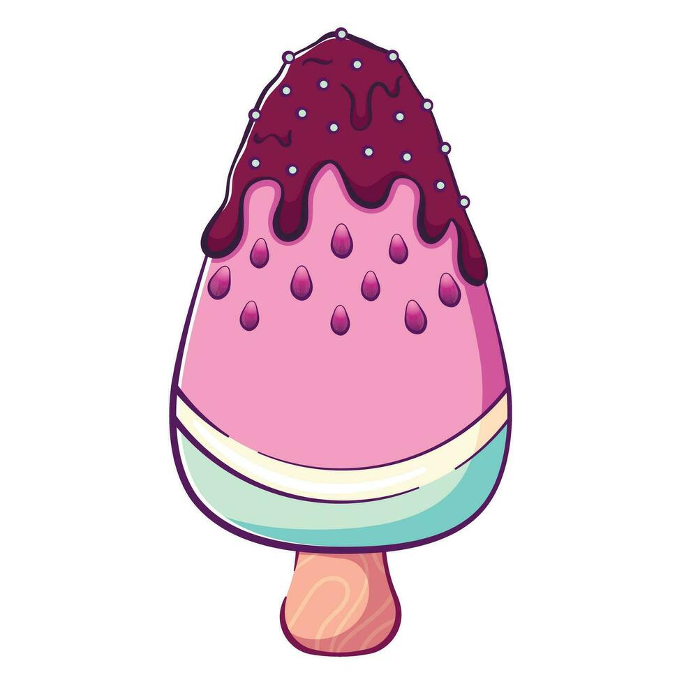 One doodle pastel ice cream on a stick in the form of a watermelon poured with chocolate vector