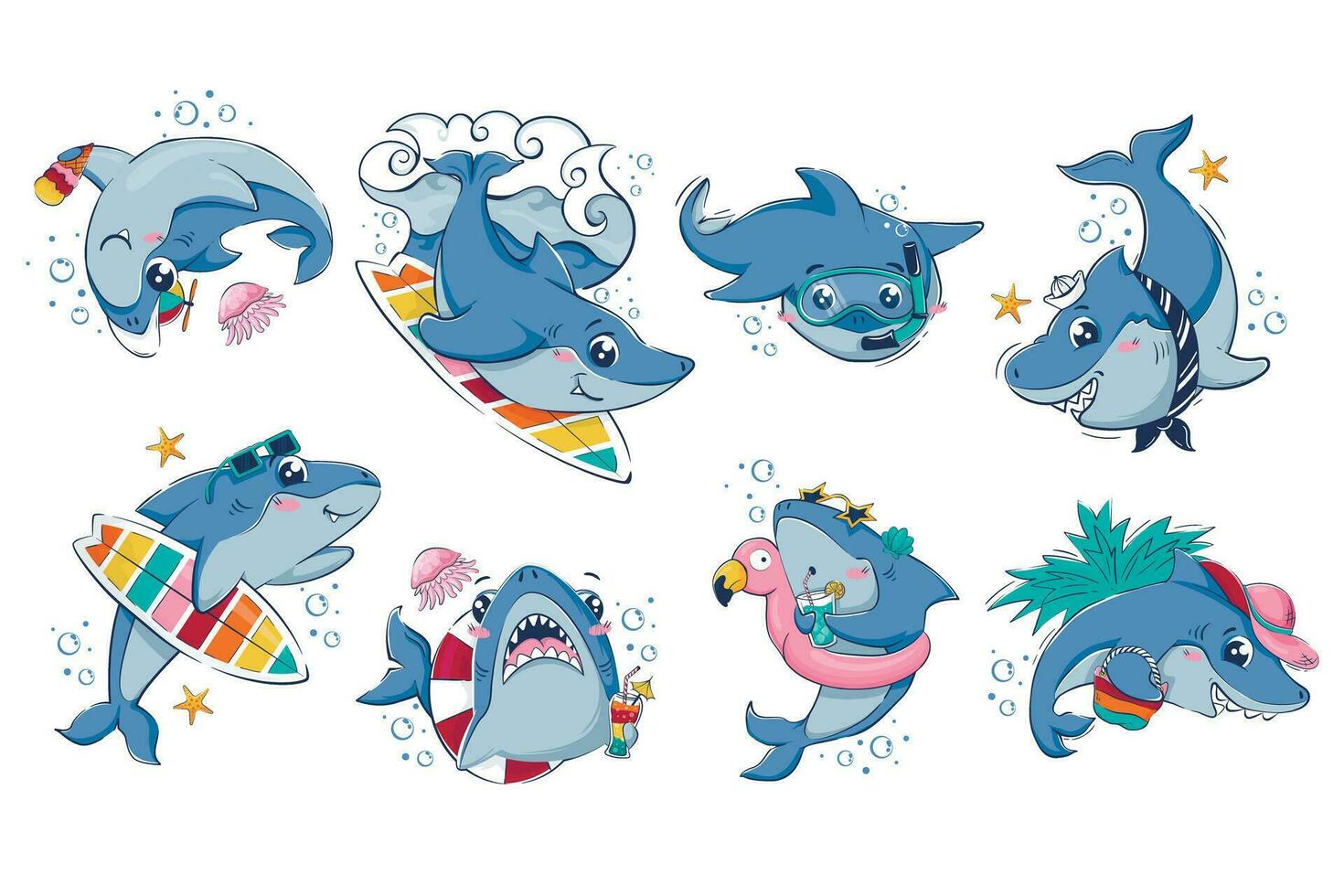 Bundle of cartoon funny sharks. Summer beach characters for fashion design, advertising vector