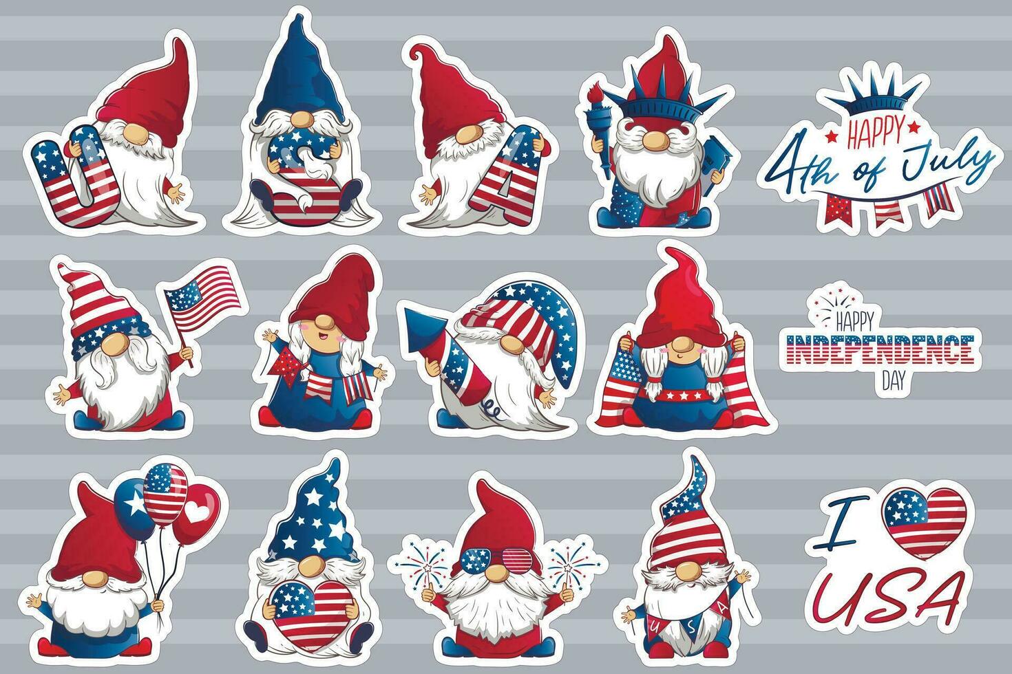 Bundle of stickers with cute patriotic leprechauns 4th July Independence Day. Vector cartoon illustration of festive gnomes with American symbols.