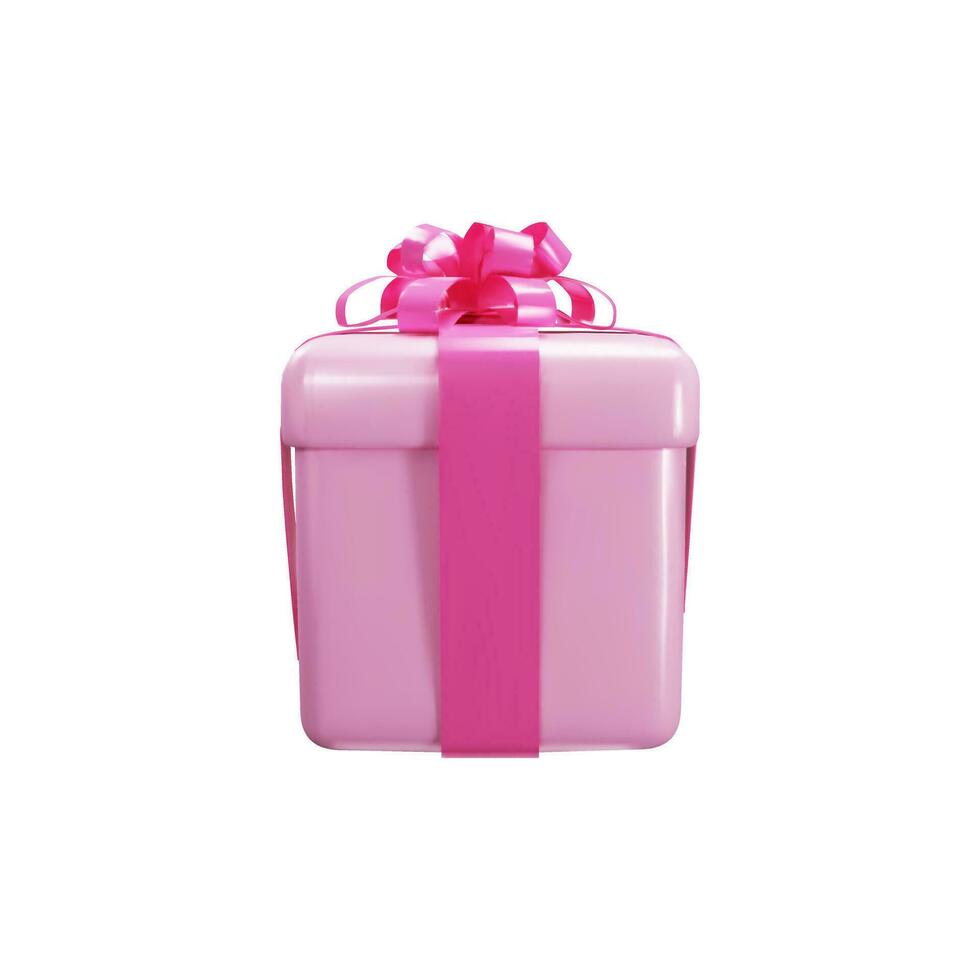 3d render closed gift box front view. Pink ribbon bow isolated on a light background. Birthday, holiday, anniversary, Christmas, Valentine day surprise present. Realistic vector illustration