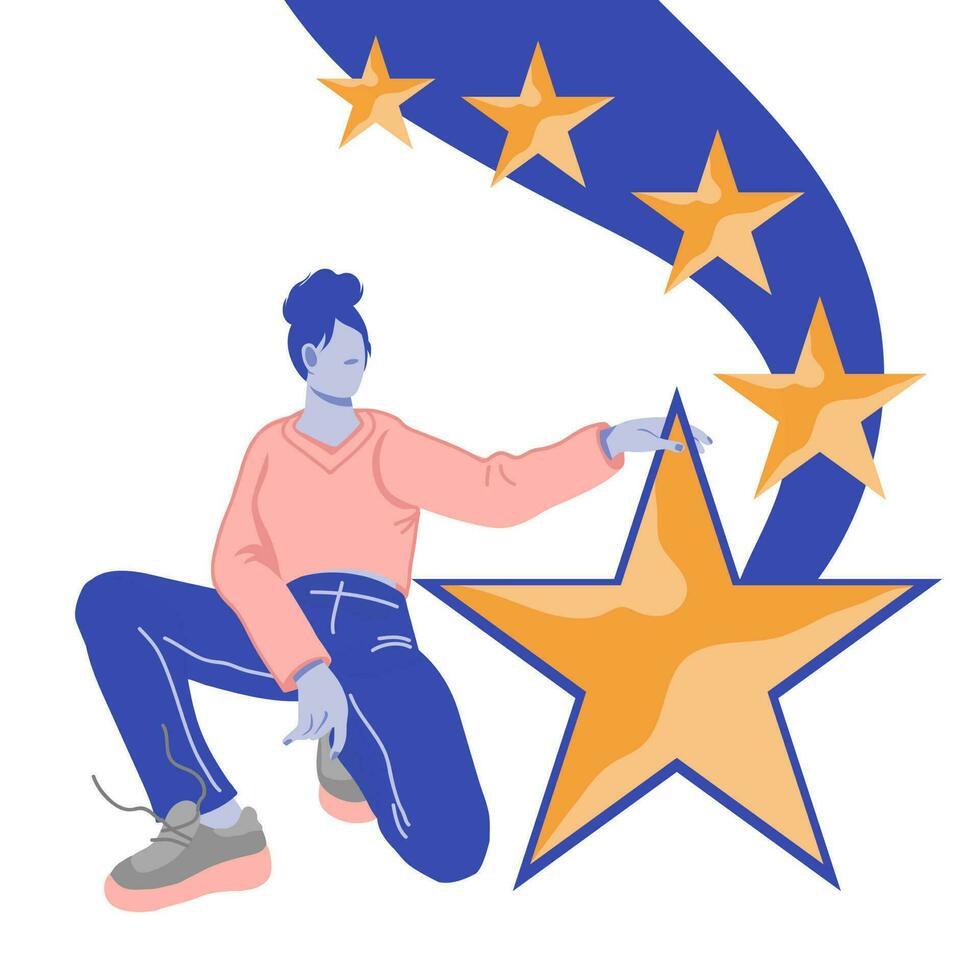 Customer experience and satisfaction concept with woman holding gold star. Client leaving rating or positive feedback on product or service, flat vector illustration isolated on white background.