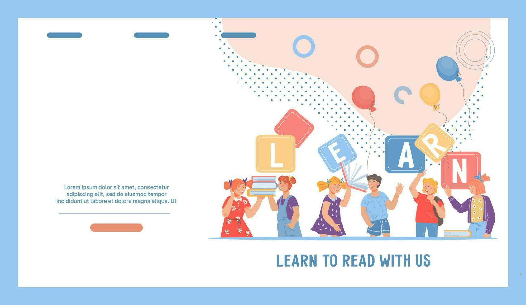 Website page interface for children reading classes with cartoon boys and girls characters. Online kids preschool education, learning to read, flat vector illustration.