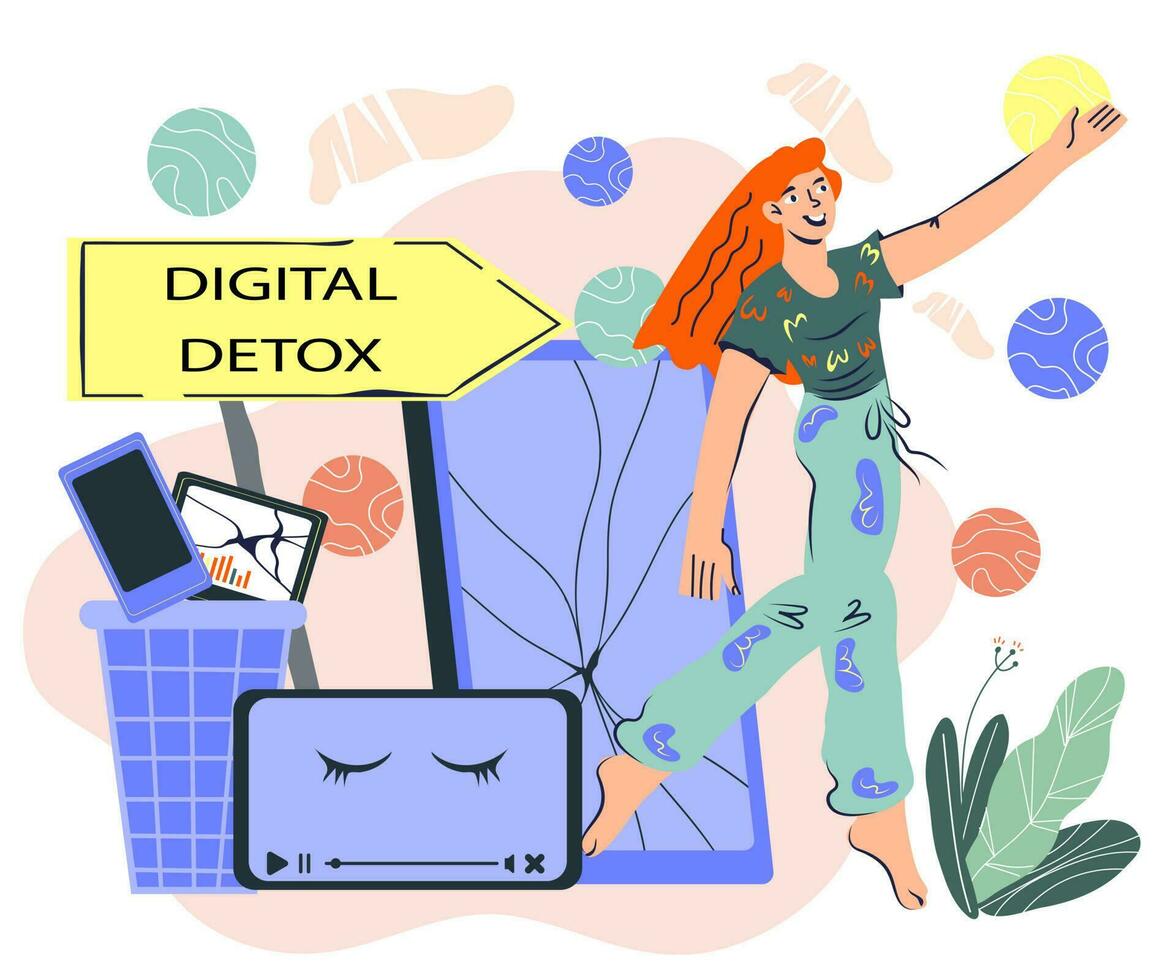 Digital detox and day free of devices concept with woman character among switched of gadgets. Internet, social media and phone addiction. Cartoon vector illustration.