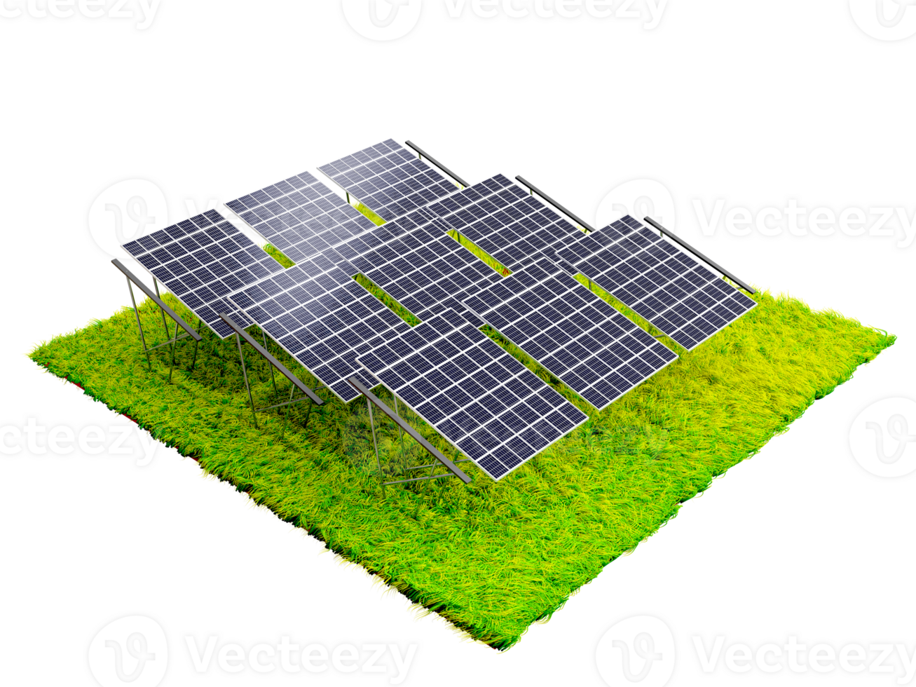 Natural energy solar cells. Isometric top view of solar panels on green grass. good renewable energy png