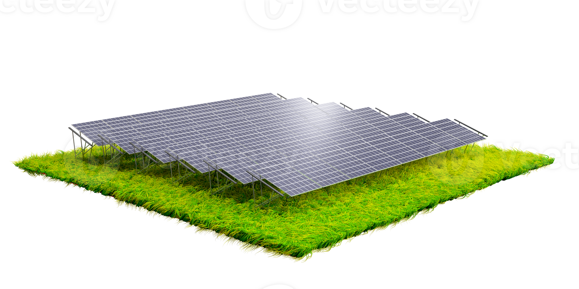 Natural energy solar cells. Isometric top view of solar panels on green