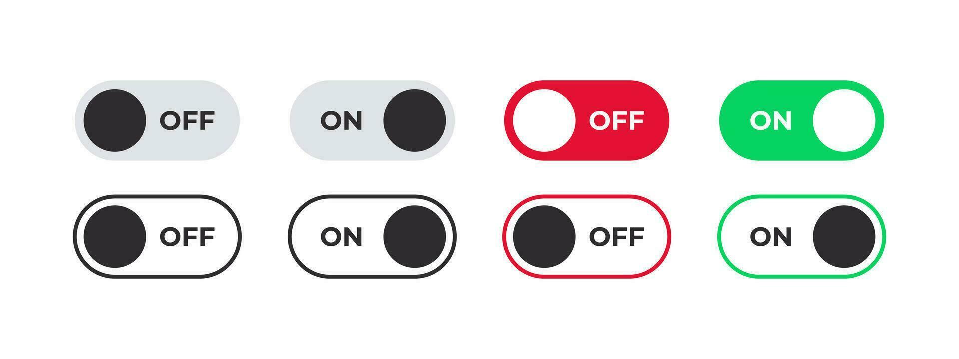 On and Off badges. On Off switcher icons. Vector scalable graphics
