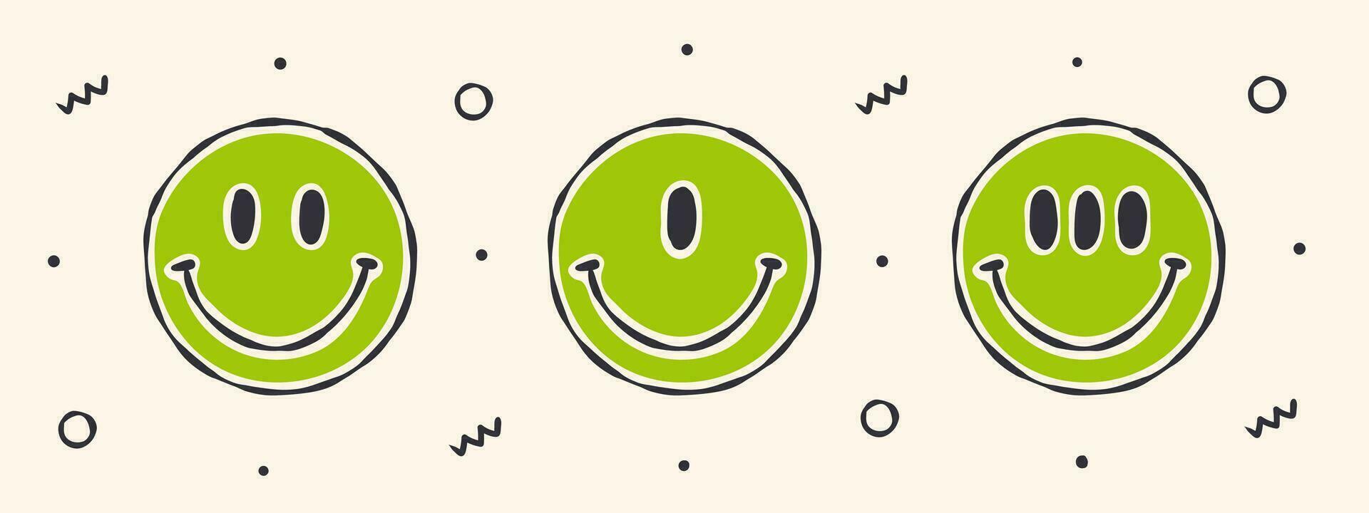 Hand-drawn green emoticons for design. Casual doodles icons and objects. Vector scalable graphics